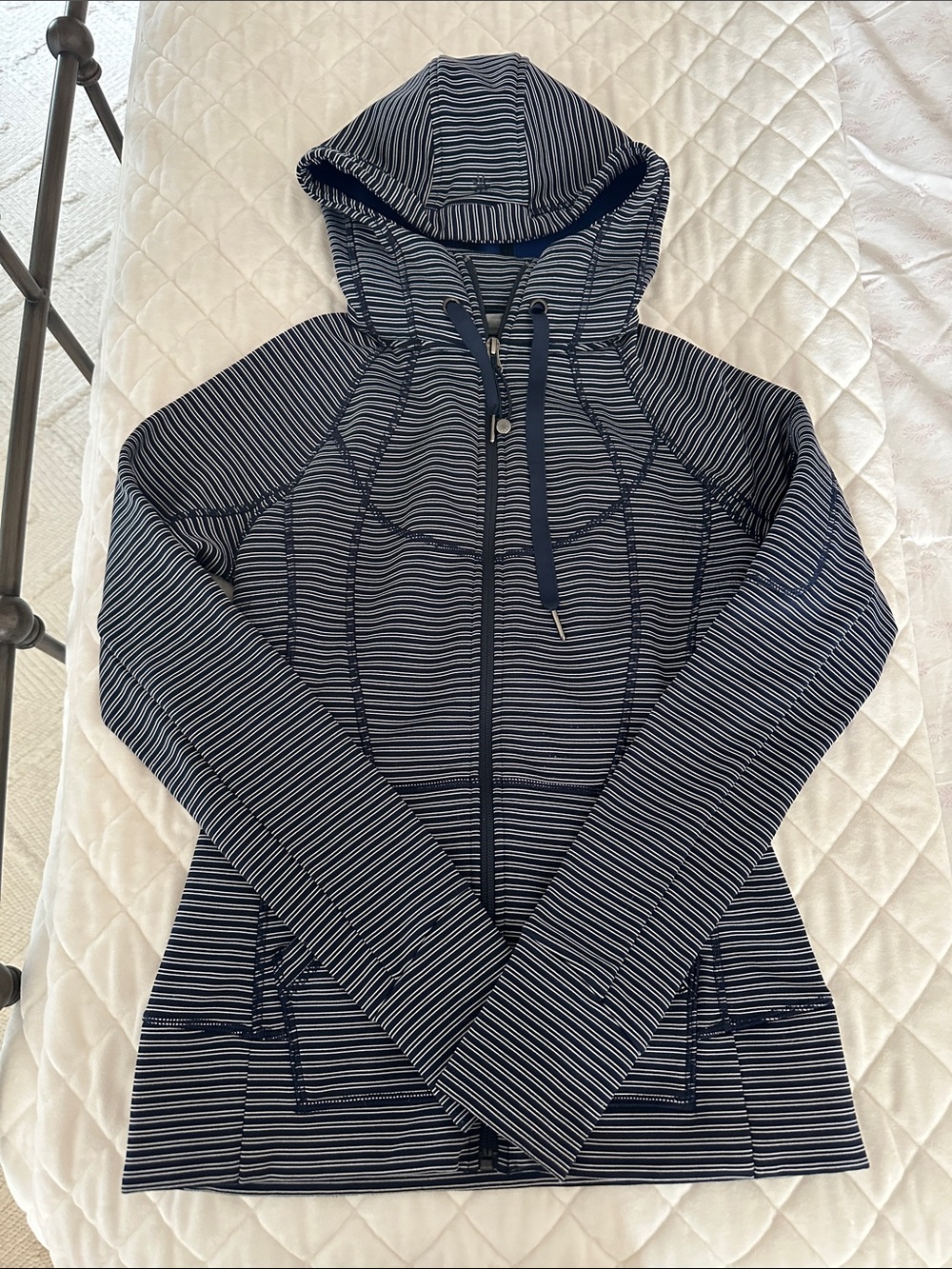 Athleta Navy and White Striped Hooded Zip Jacket